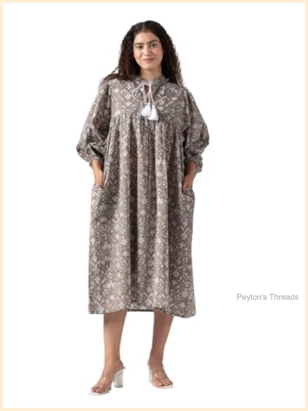 Hand Block Printed Maternity-Friendly Cotton Boho Dress with Tassel Neckline